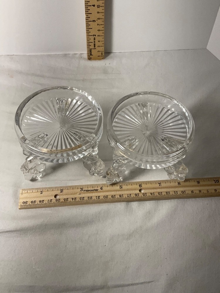 Two glass decorative stemmed candle holders 4” Unique design