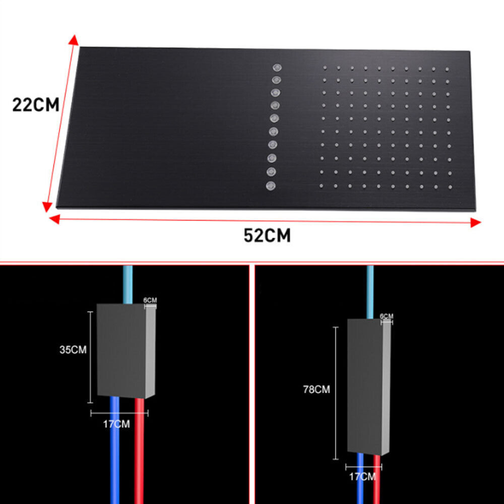 Black/Chrome LED Rectangle Shower Head Massage Digital Display Mixer Valve Panel