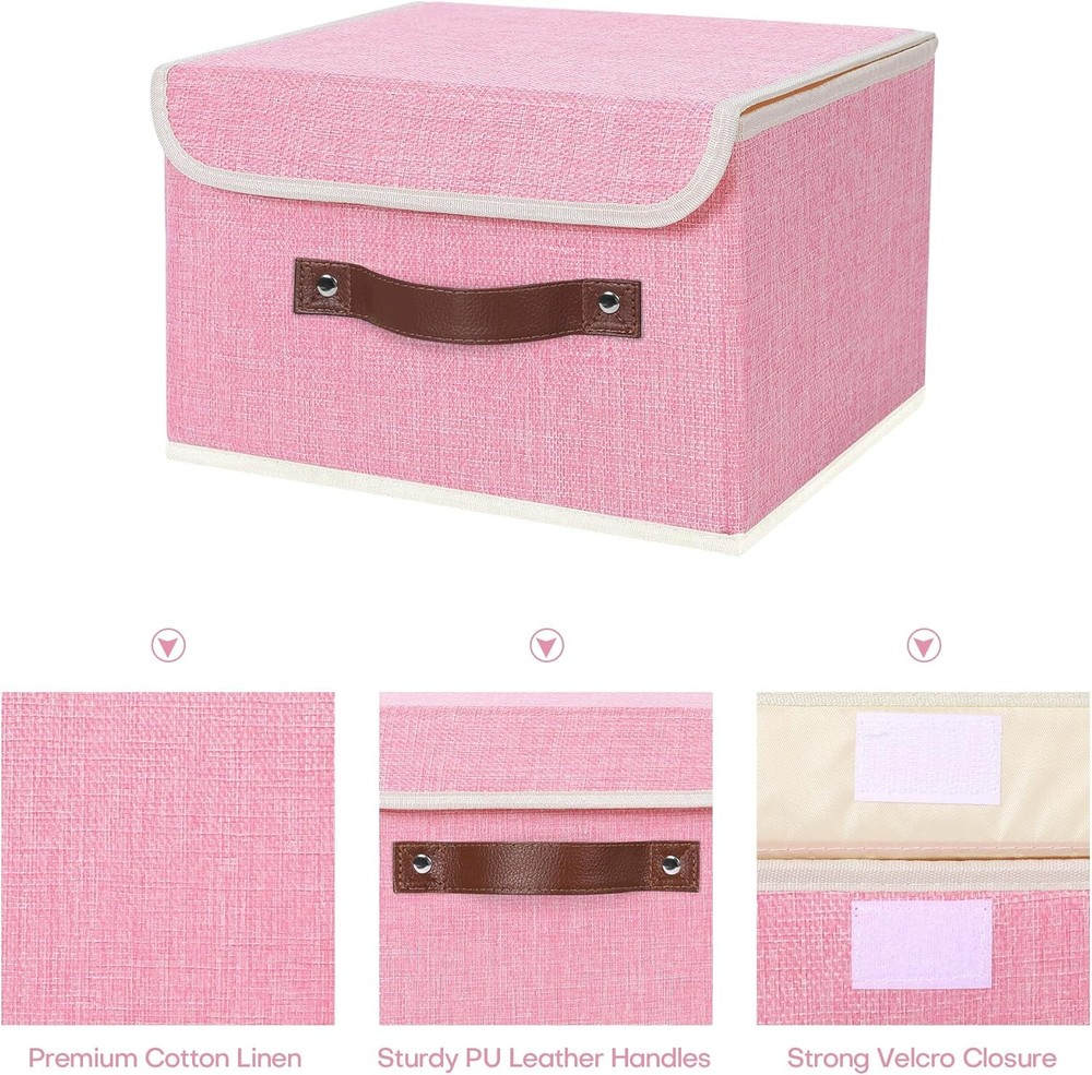 Storage Bin Lid PU Leather Handle Foldable Cotton Linen Beige Small