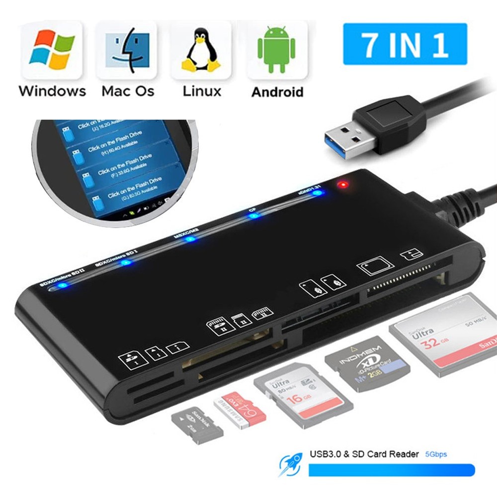 Multi USB 3.0 Memory Card Reader 7 in 1 Adapter Hub for SD CF TF Micro SD XD MS