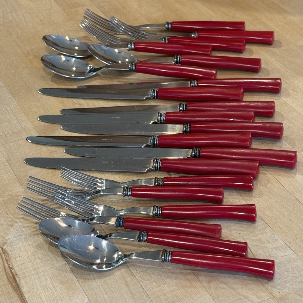 Vintage Red Bakelite Stainless Tableware By Oneida Ltd