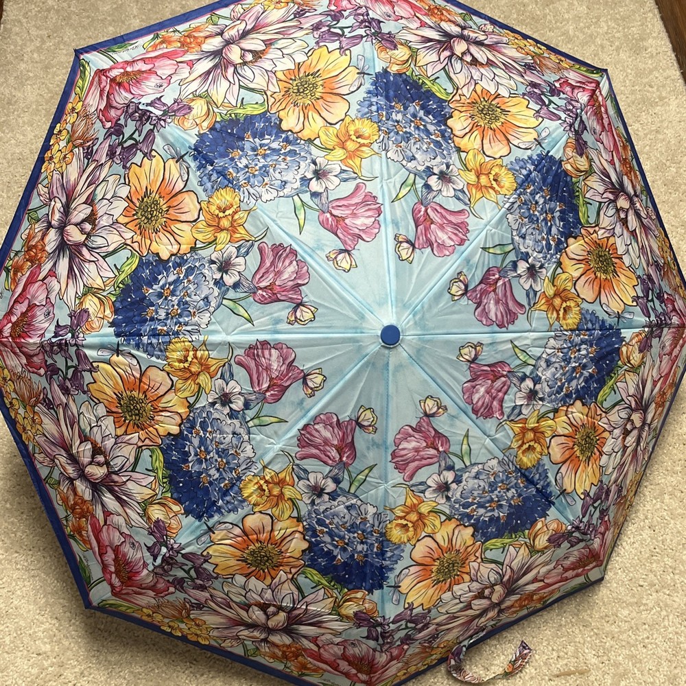 Brighton Enchanted Garden Automatic Umbrella With Blue Handle In EUC