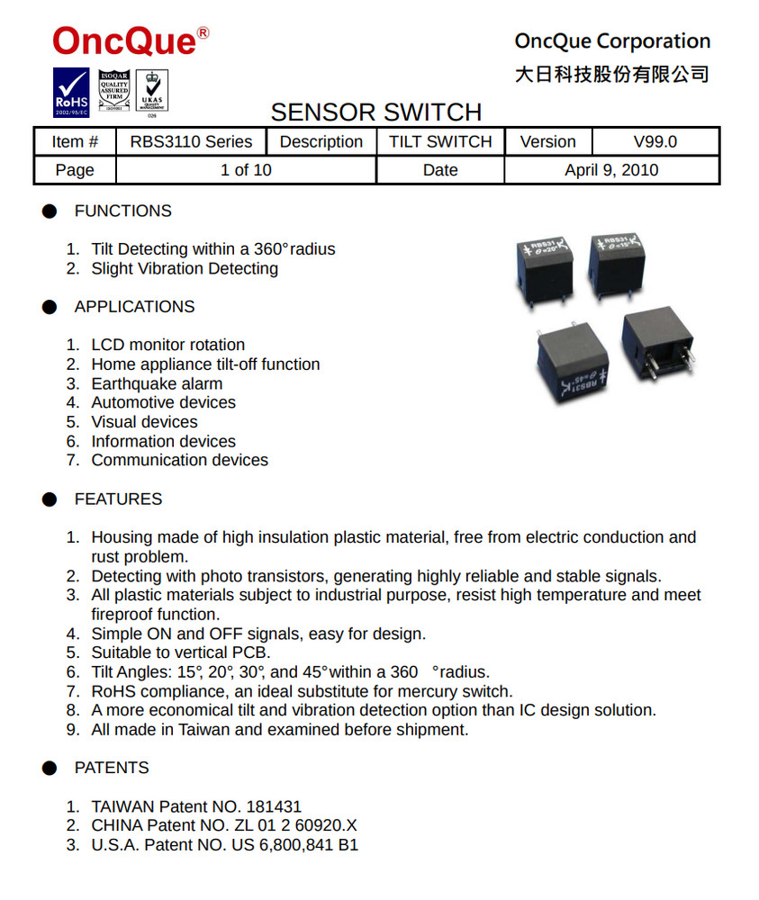 5PCS RBS311020 RBS31 OncQue Optical Sensor Switch IC Tilt Vibration Detection