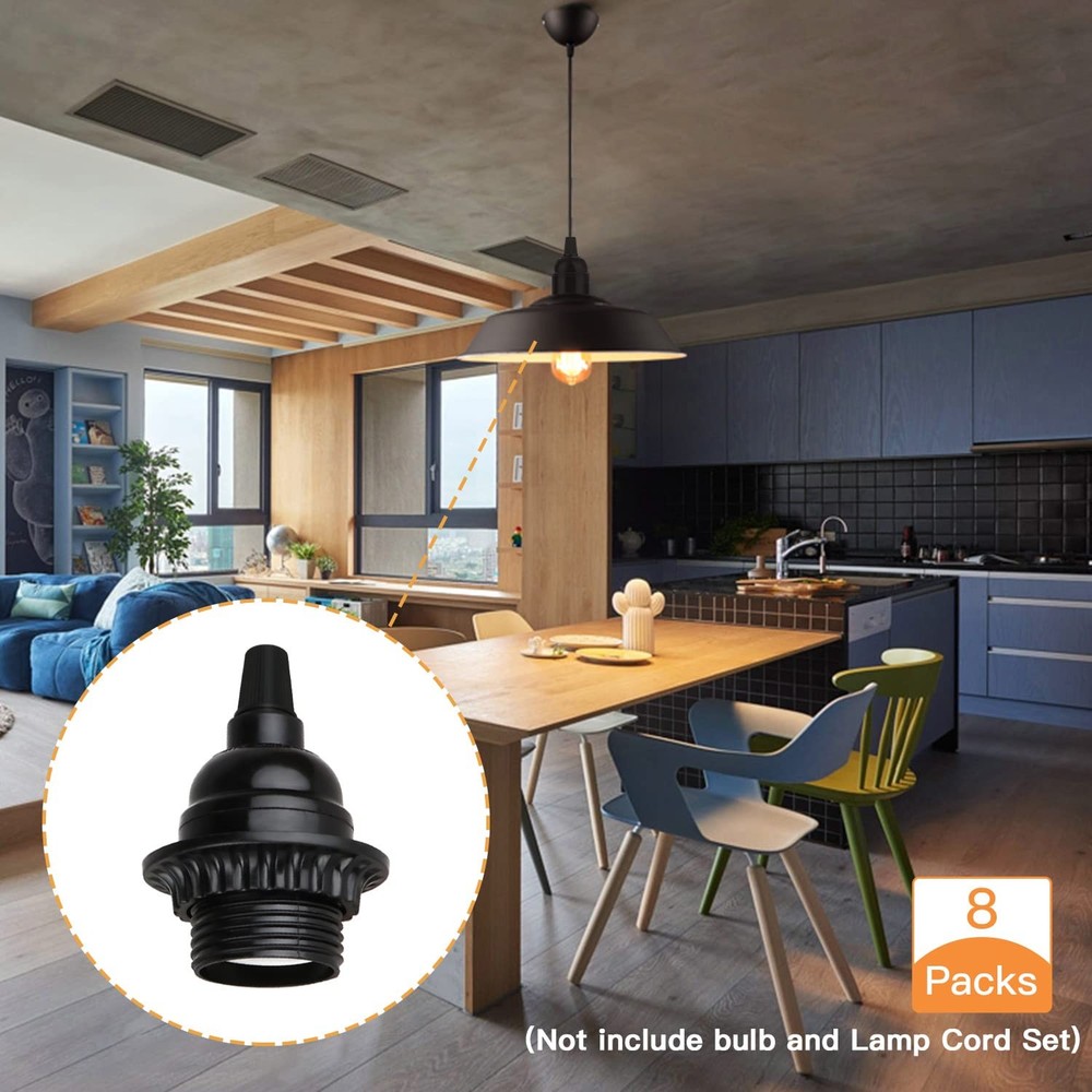 8 Pack E26 E27 Light Sockets, Black Medium Screw Base with Shade Ring, Retro ...