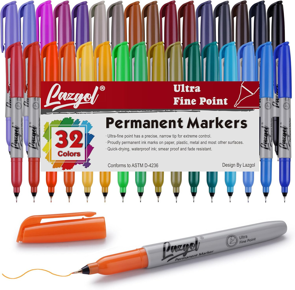 Permanent Markers Bulk, Ultra Fine Point, 32 Assorted Colors 0.4 mm Permanent...