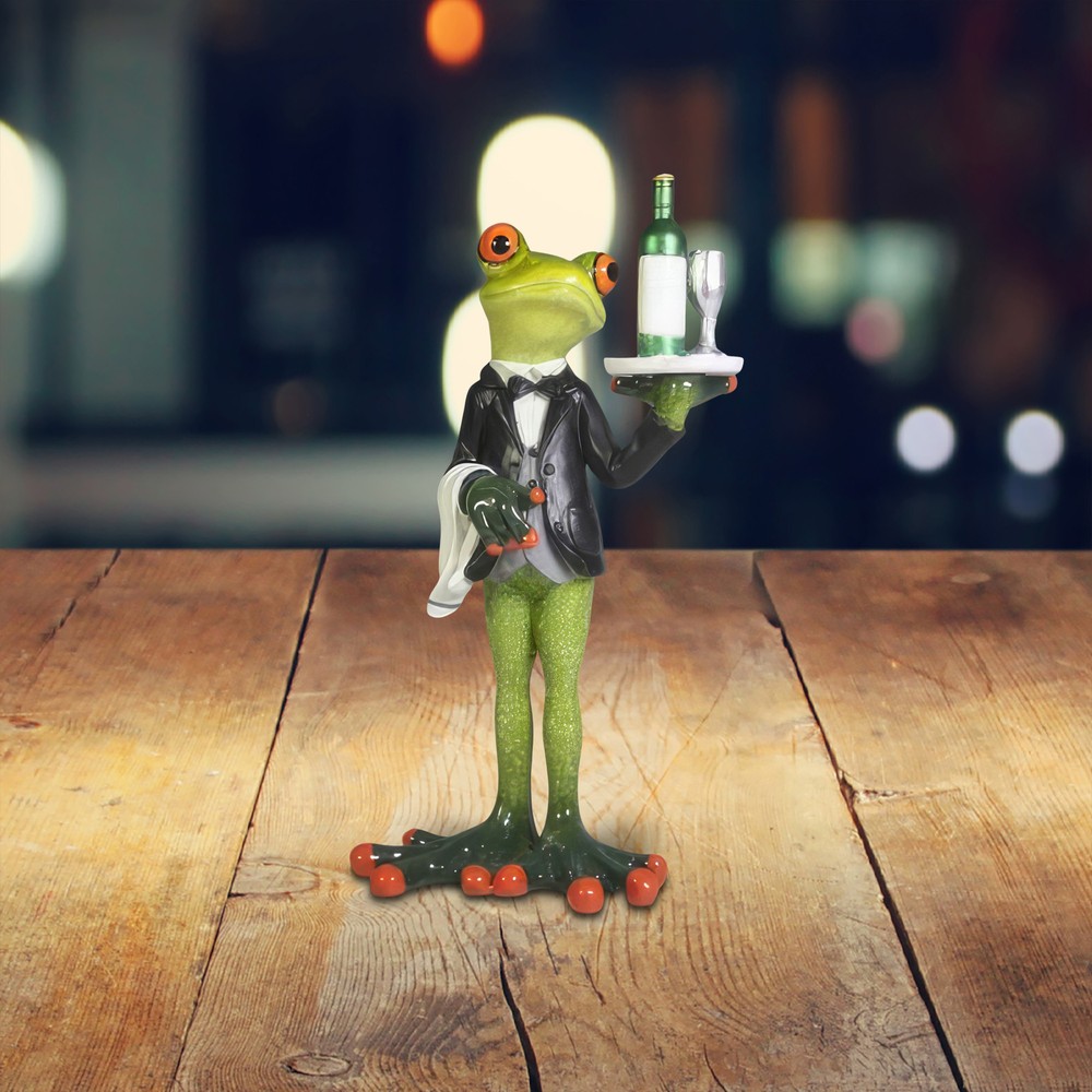 7"H Frog Bartender Serving Wine Figurine