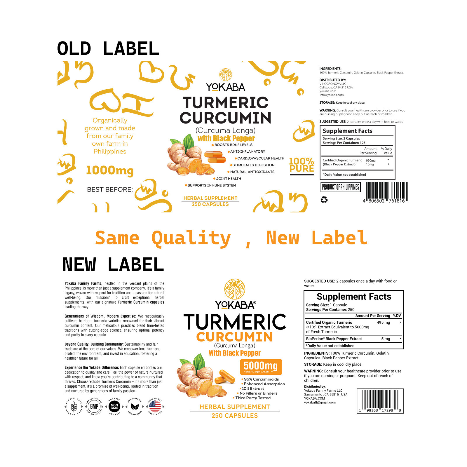 250 Capsules Turmeric Curcumin 5000mg Herbal Extract with BioPerine by YOKABA