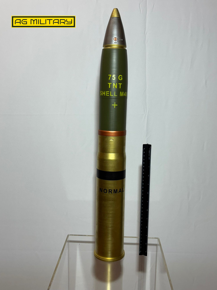 Sherman Tank M48 75mm H.E 3D Printed Display Model  Shell with Fuse
