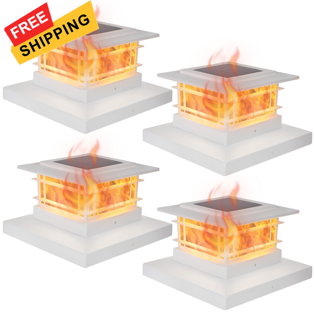 Dynaming 4 Pack Solar Post Cap Lights 4 Flickering Flame Lights, White