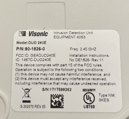 Visonic DUO-240E Intrusion Detection Unit Ceiling Dual Detector
