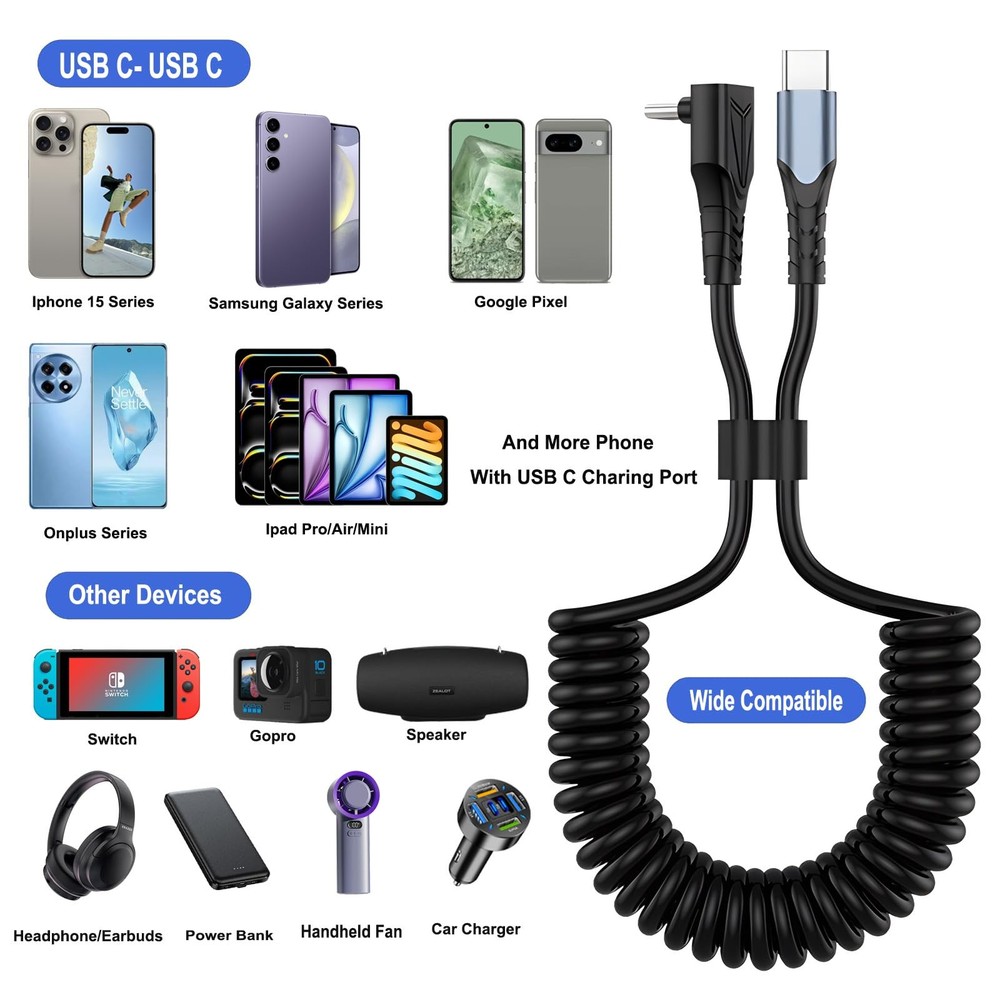 Coiled USB C to C Cable 90 Degree Right Angle Type C Charging Cord 2 Pack