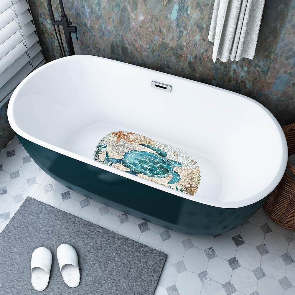 Non Slip Sea Turtle Bathtub Mat with Suction Cups, Oval Pebble Shower Mat for...