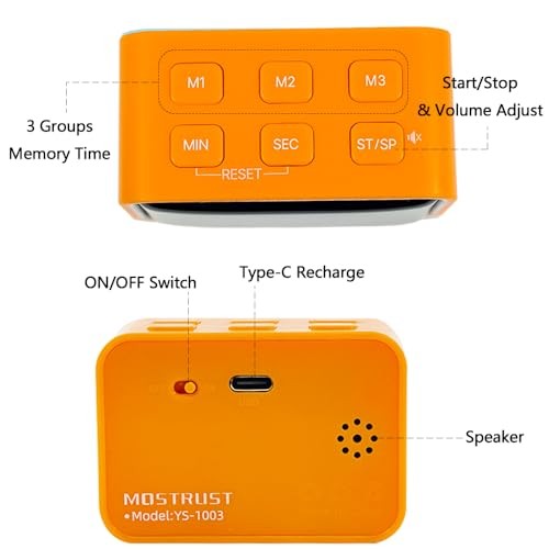 Digital Mini LED Timer, Rechargeable LED Countdown/Up Timer, 3 Pre-set Orange