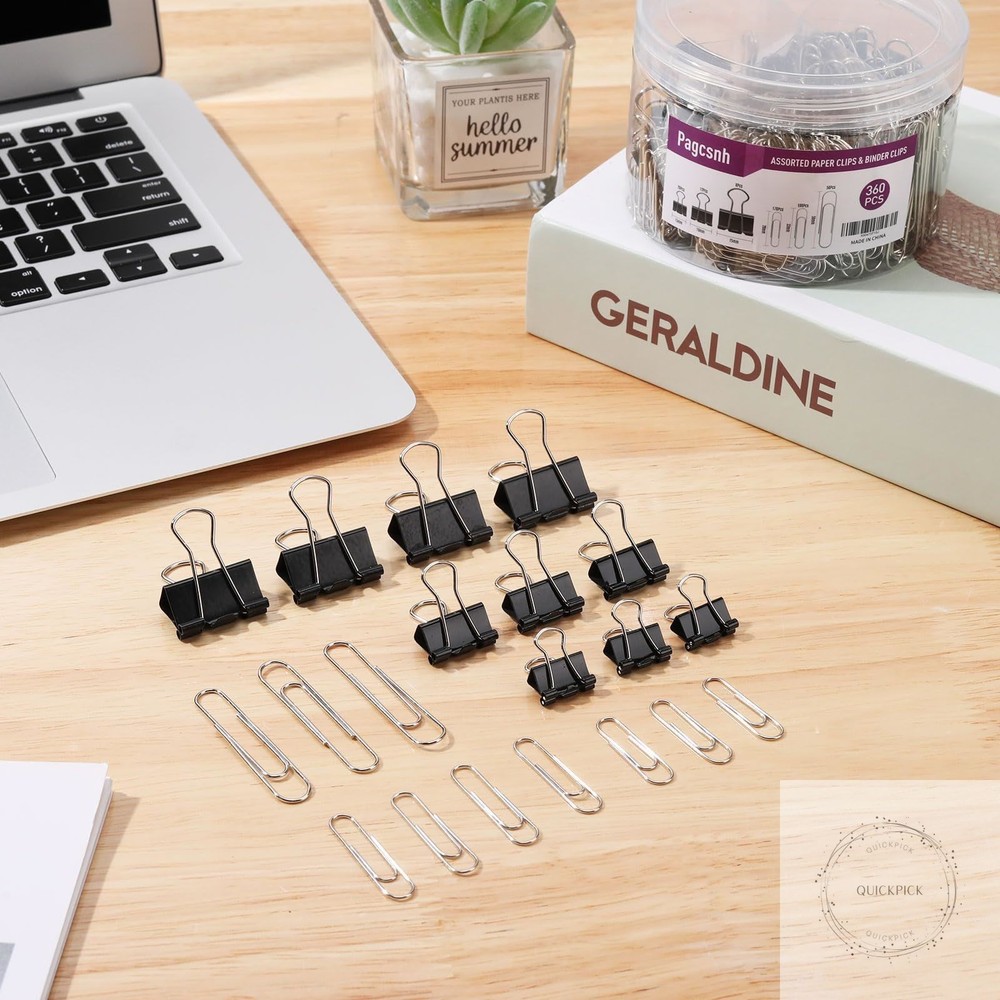 360 Pcs Paper Clips and Binder Clips Assorted Sizes, Large Medium Small Size Si