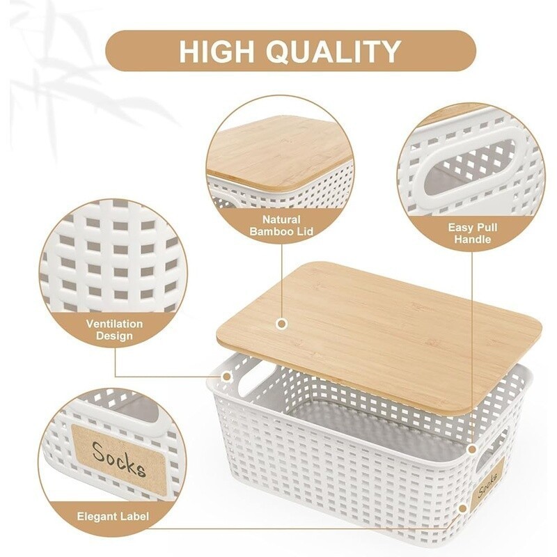 Stackable Plastic Storage Bins W/ Bamboo Lid 5Qt Organizing Baskets 6 Pack New