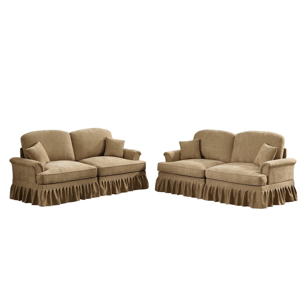 Modular 2-Piece Light Coffee Chenille Sofa Set w Flared Arms
