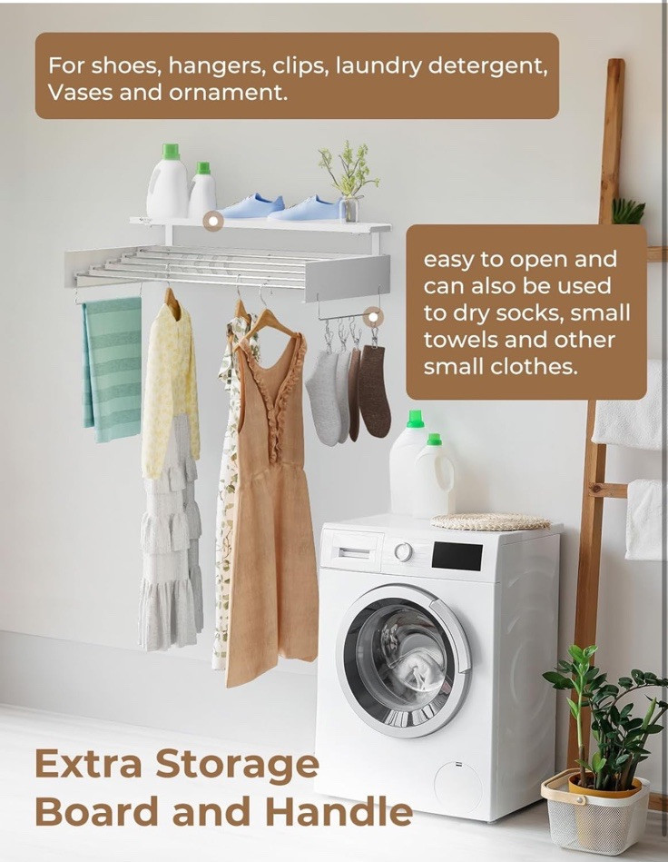 Clothes Drying Rack Wall Mounted with Extra Storage Board Laundry Drying NEW