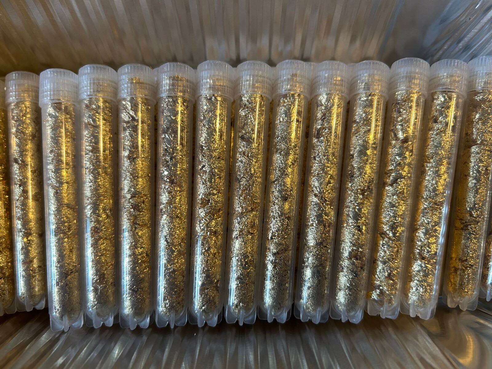 10 Gold Flake Large Vials... 5mil. 3.5” Stand able Test Tubes. BEST DEAL !!