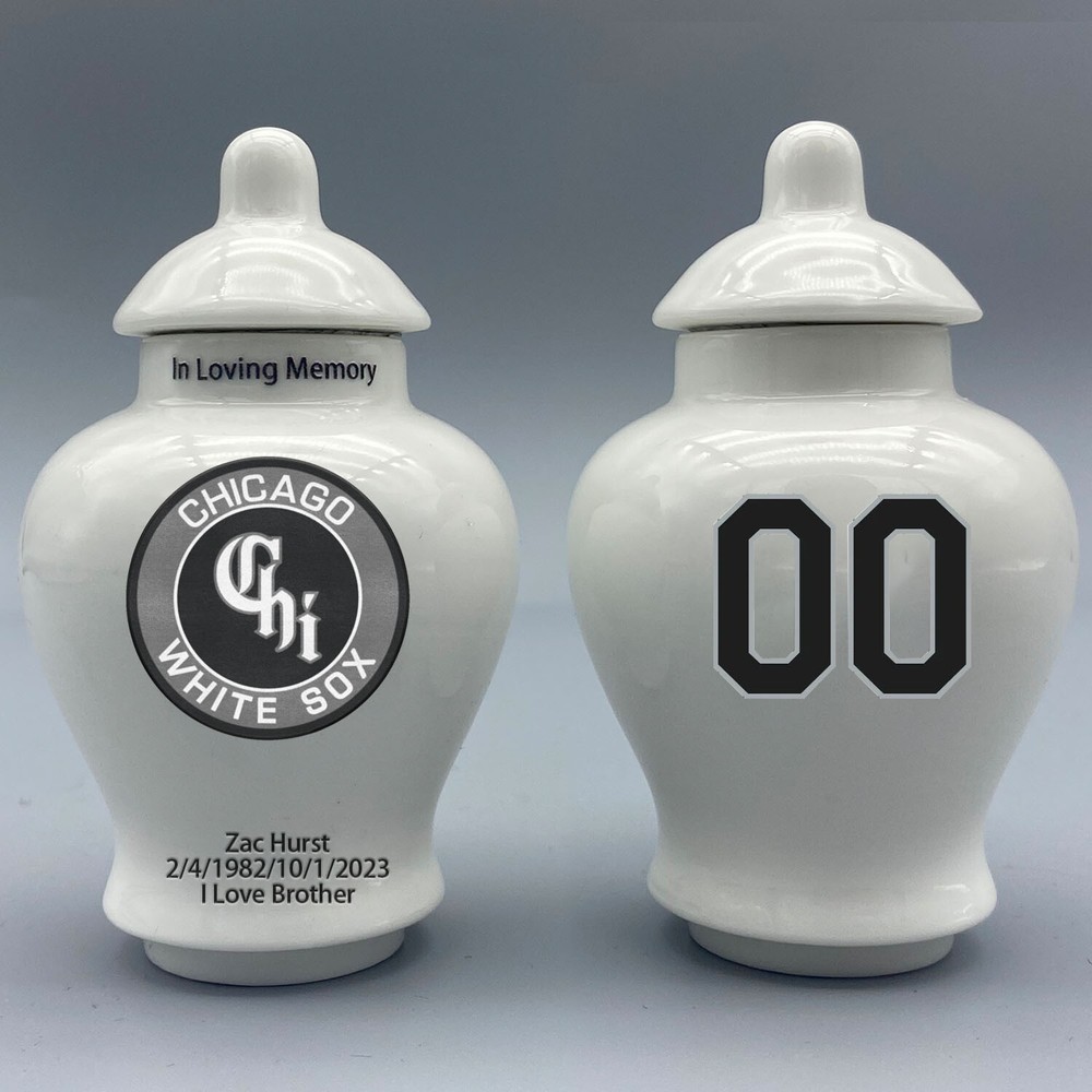 Ceramic Mini Urn for Chicago White Sox Baseball Theme, Custom Text & Number