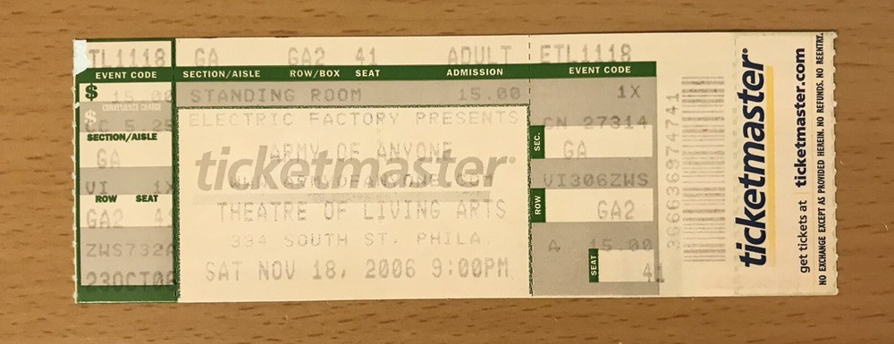 2006 ARMY OF ANYONE PHILADELPHIA CONCERT TICKET STUB GOODBYE DISAPPEAR