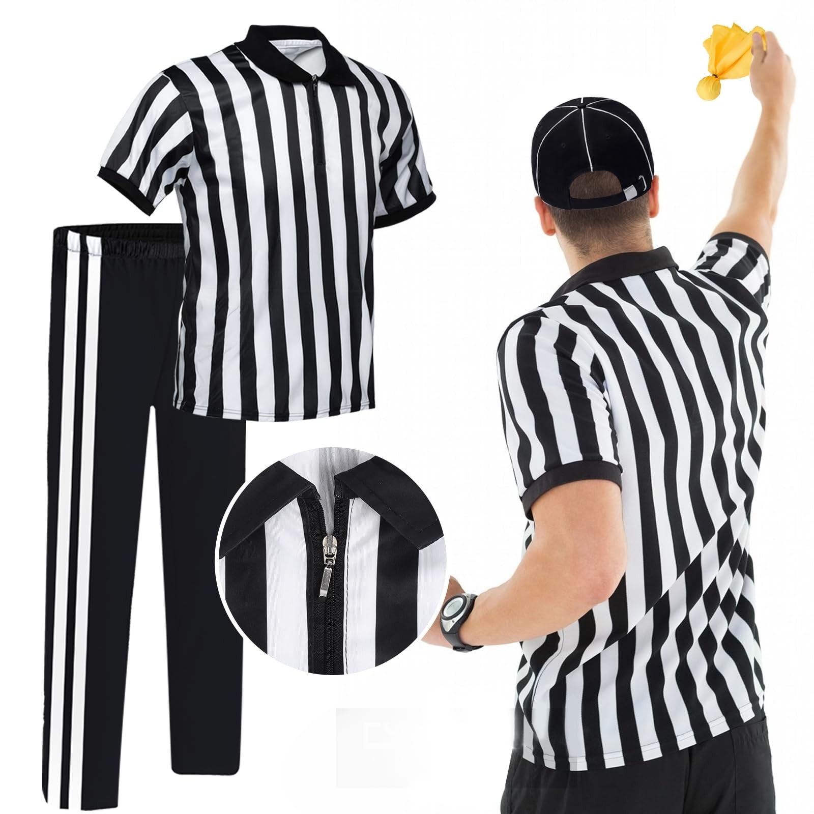 Mens Referee Shirt Black White Stripes Umpire Jersey Yellow Penalty Flag Hat