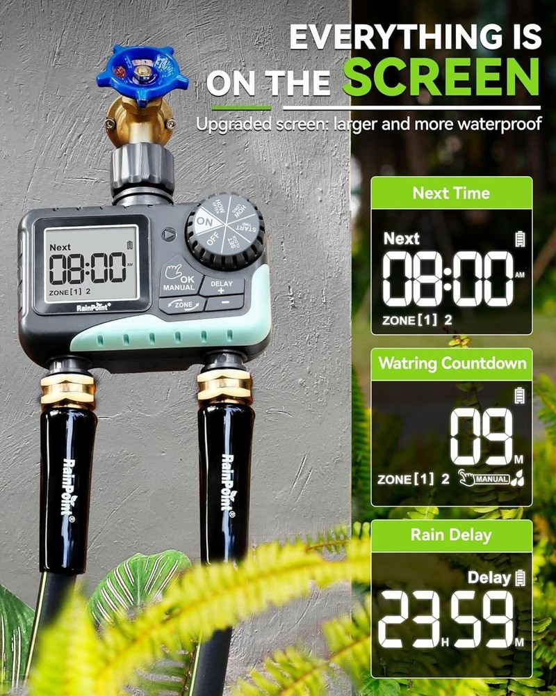 Easy Setup 2-Zone Sprinkler Timer for Yard Lawn - Rain Delay
