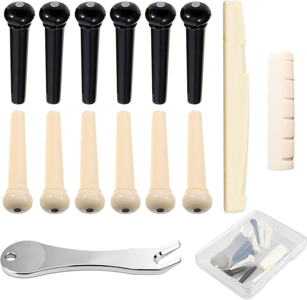 12 Pcs Guitar Bridge Pins Set with Puller, Saddle Nut & Pegs Replacement