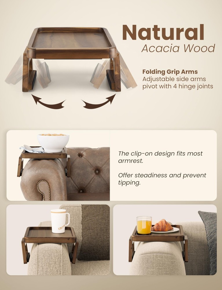 Acacia Sofa Arm Tray, Rectangle Couch Armrest Table - Couch Accessories, Armc...