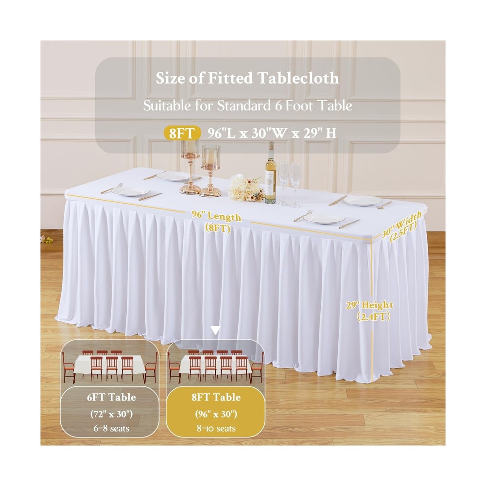 8 Pack White Rectangle Tablecloth 8 FT Stretch Spandex Fitted Table Cloth for...