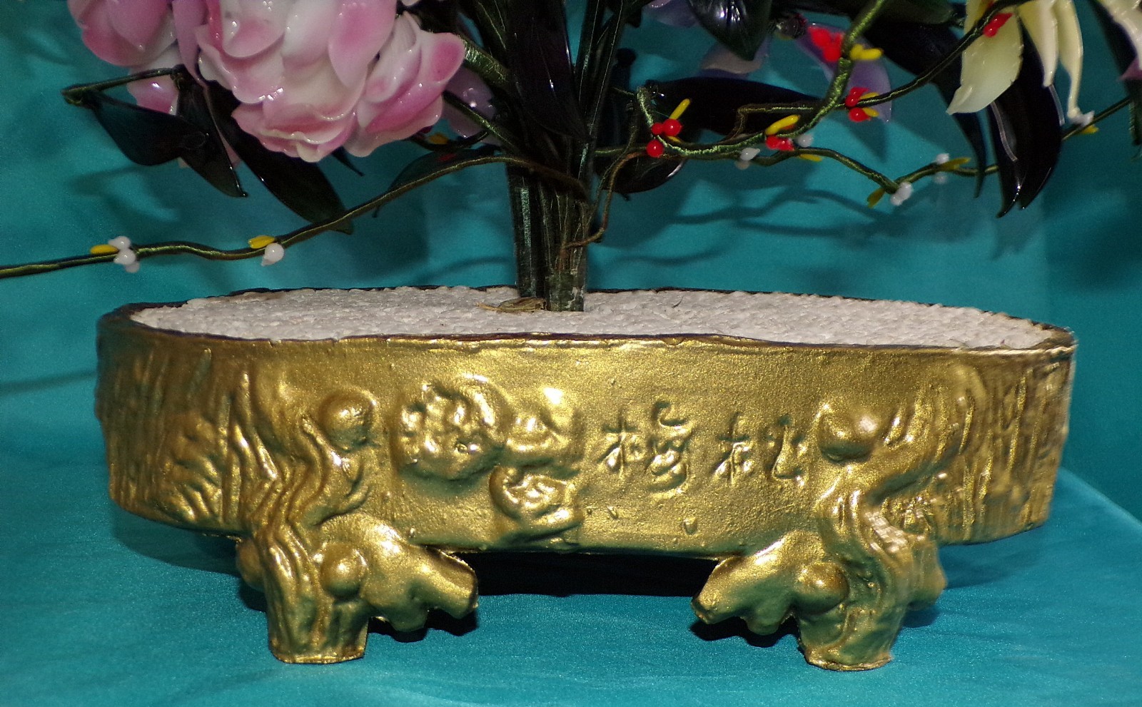 Large Jade Quartz Stone Glass Flower Bonsai Tree Vintage 20H x 30W Centerpiece