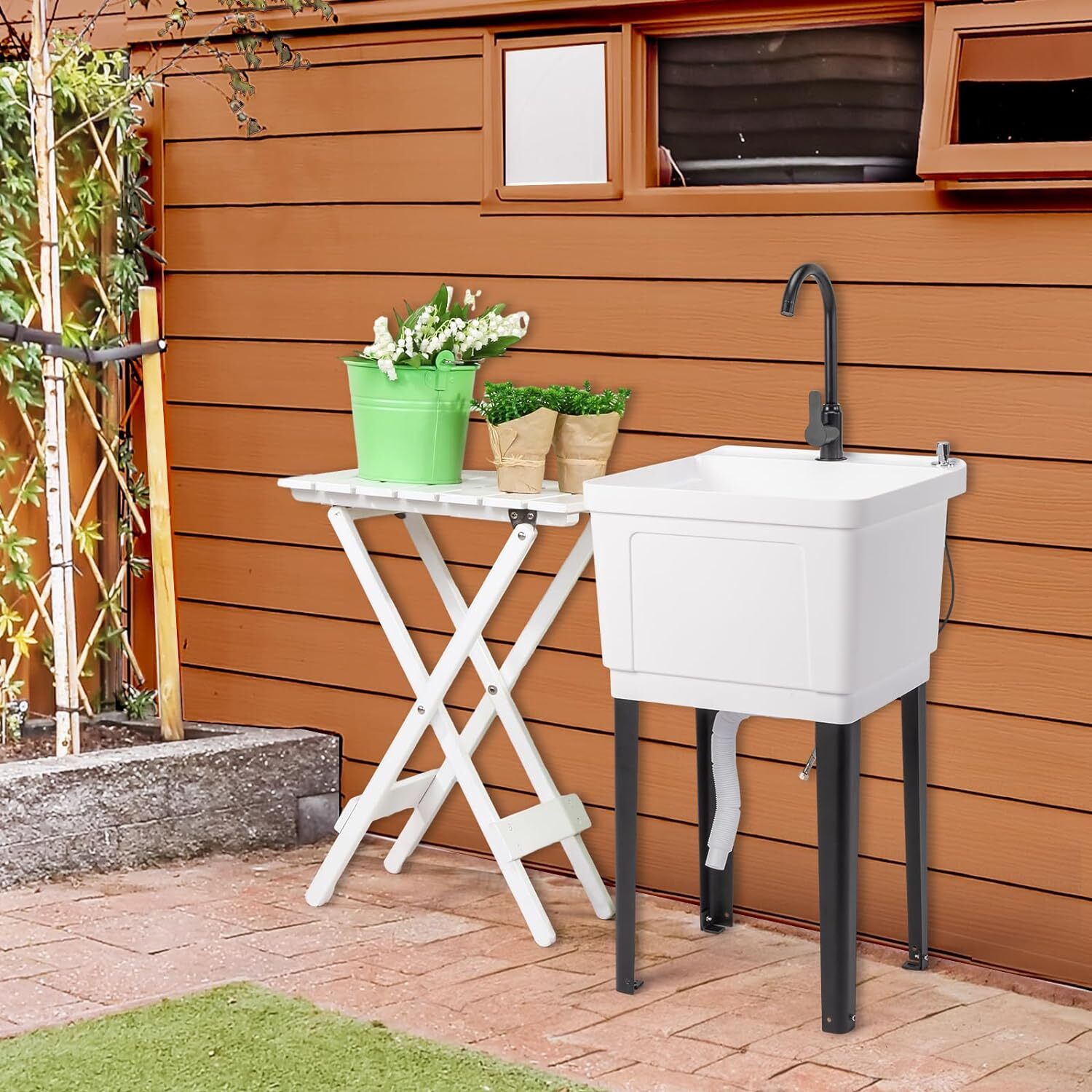 Utility Sink Laundry Tub for Washing Room with Stainless Steel Faucet Space Save