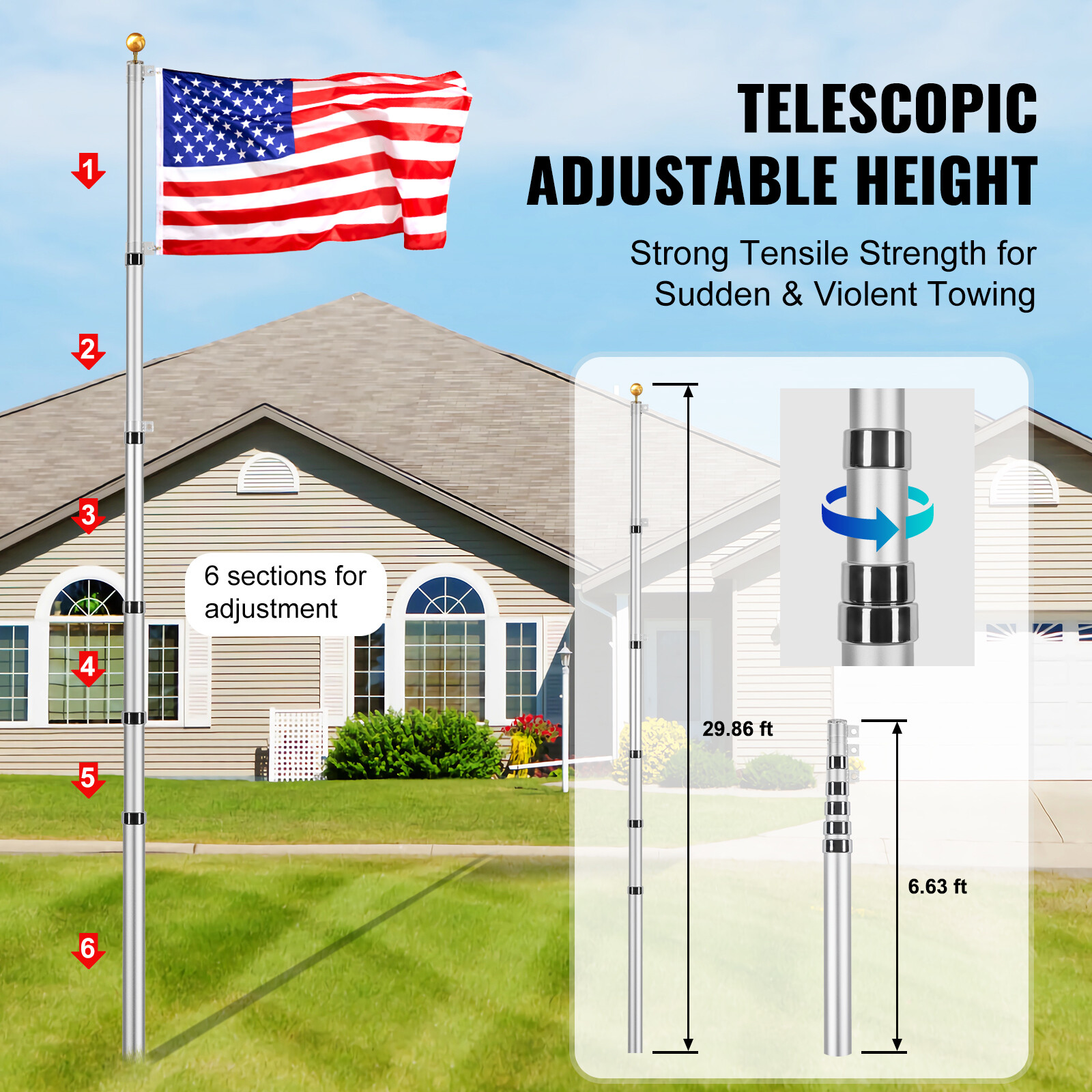 VEVOR 30FT Telescopic Flagpole Kit Heavy Duty Aluminum Flag Pole American Silver
