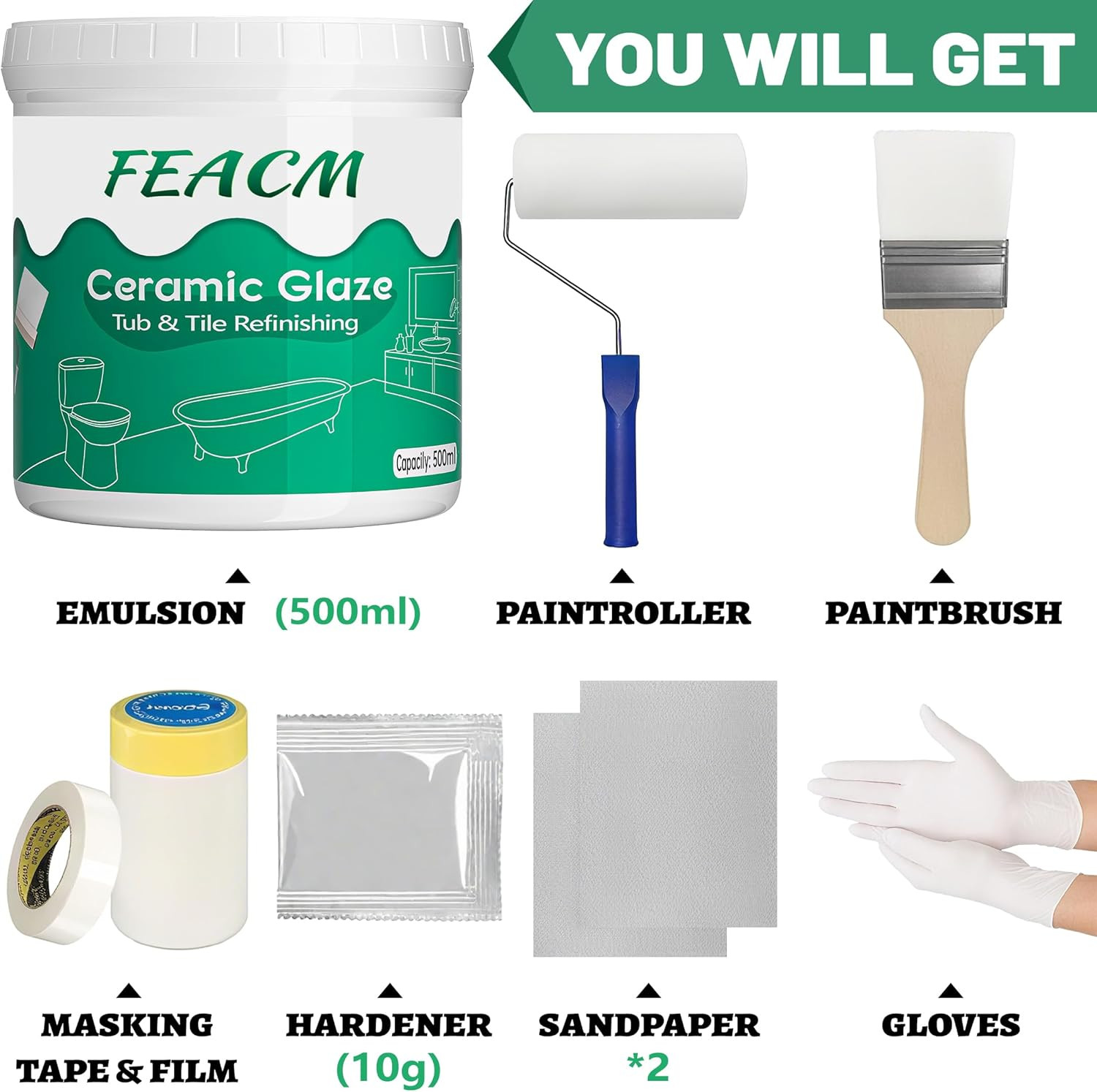 Tile Paint, Tub and Tile Refinishing Kit with Hardener, Tub Refinishing Kit Whit