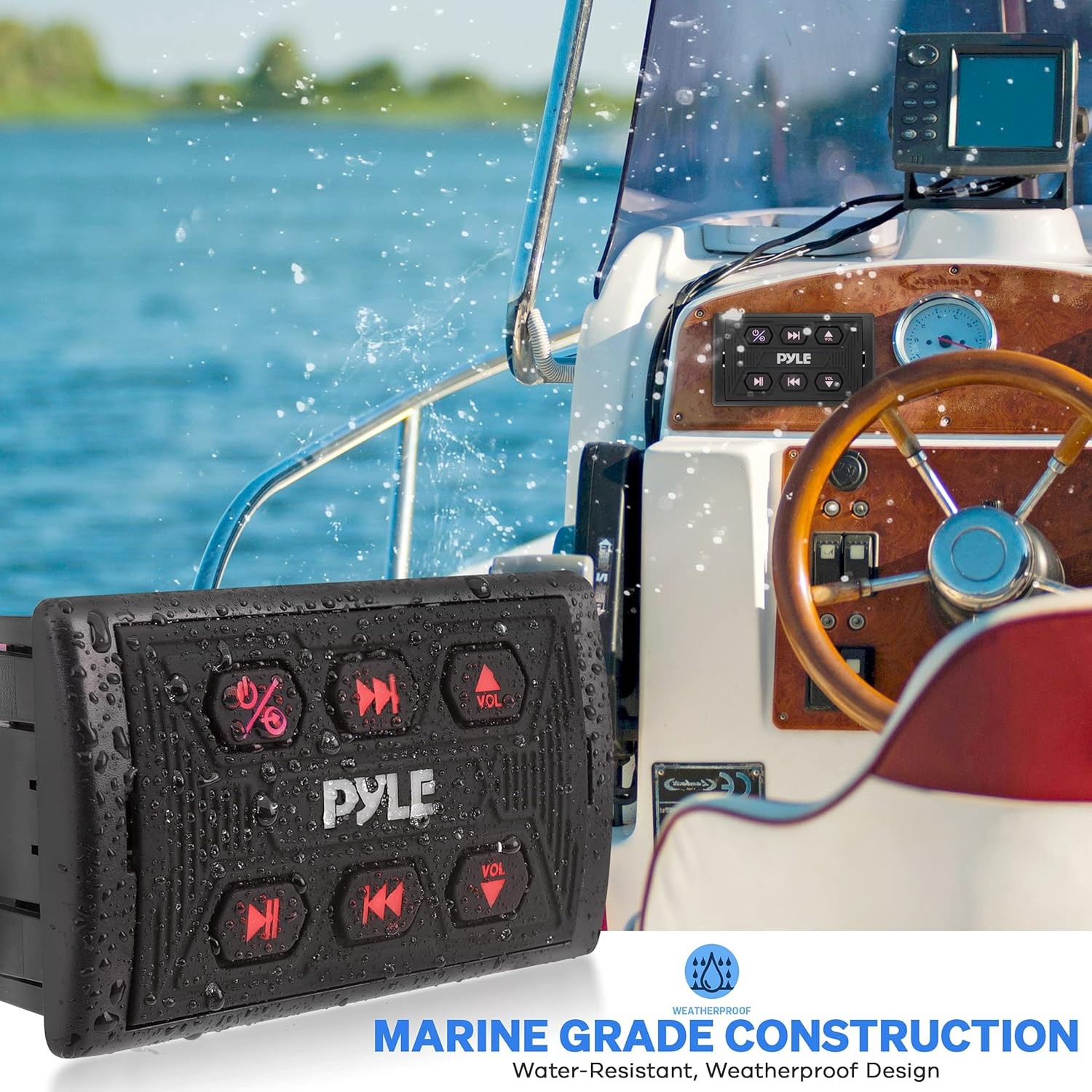 Pyle PLMRBTSQ1 Waterproof Bluetooth Marine Car Radio Receiver Black (Open Box)