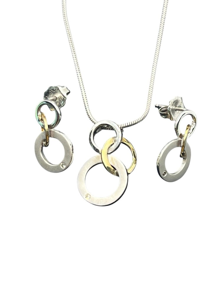 14k & sterling silver diamond interlocking circle earrings & necklace set