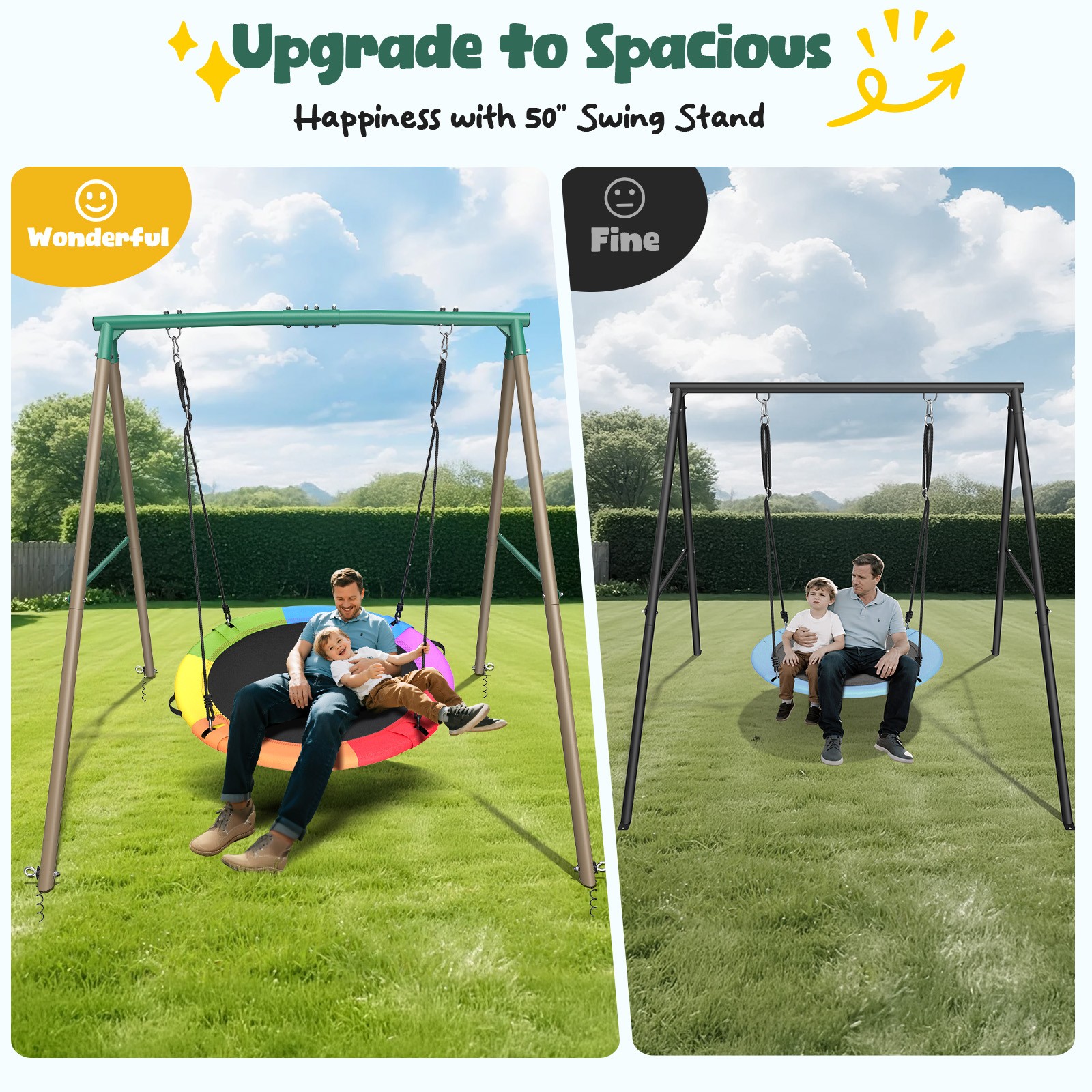 Hapfan 6.5ft Tall Heavy Duty A-Frame Metal Swing Set with 50" Saucer Swing Seats