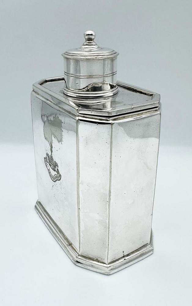 VICTORIAN CRESTED SLIDING TOP TEA CADDY SILVER PLATE 19TH CENTURY