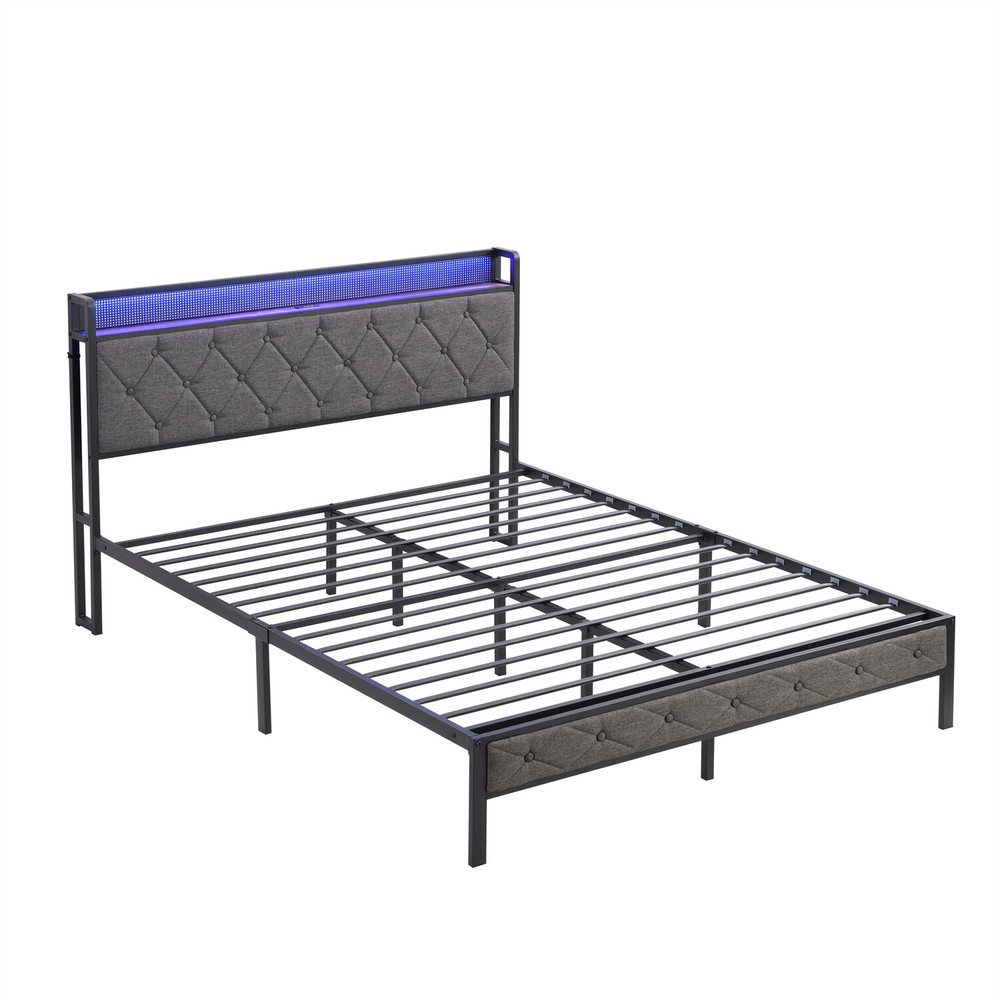 Full Size LED Bed Frame w/ Headboard & USB Port Upholstered Platform Bed Frame