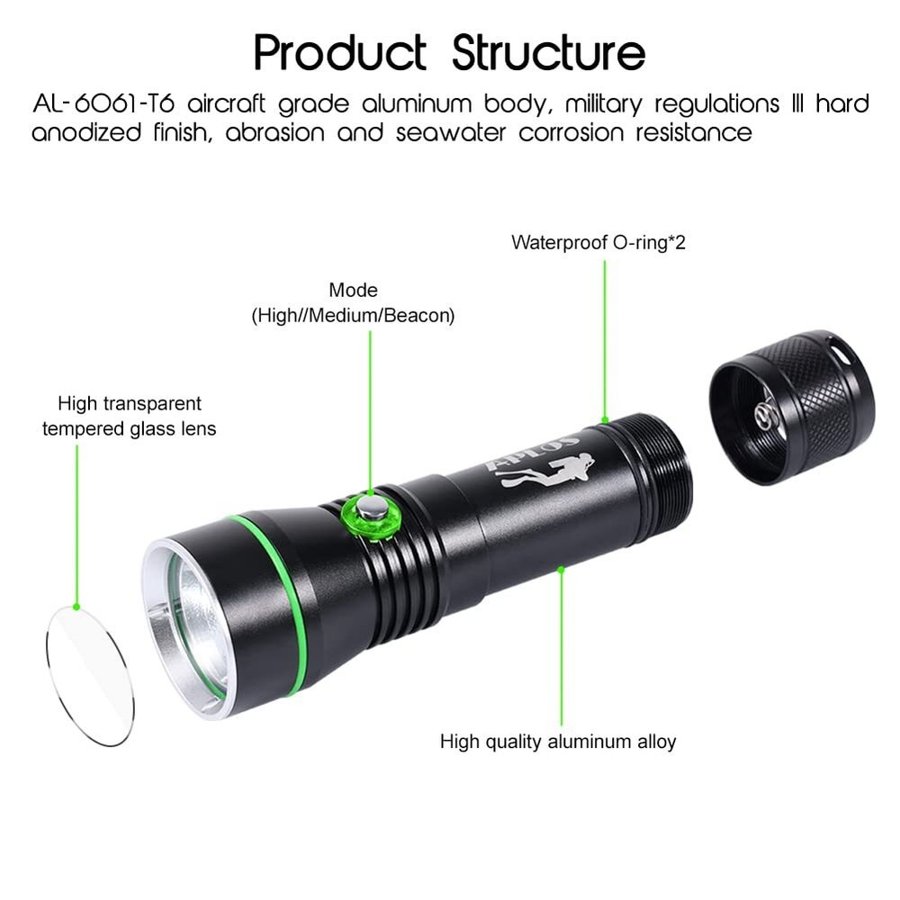 AP30 3000lm Diving Flashlight with 3 Modes, Power Indicator, IPX8 Waterproof ...