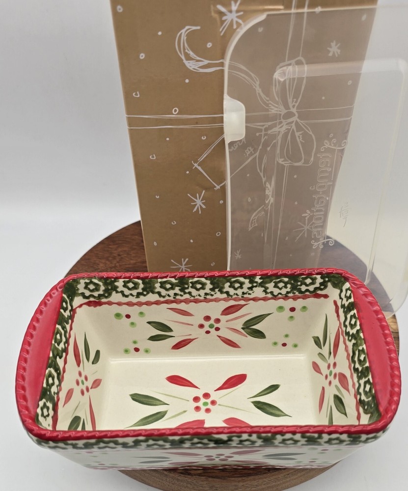 Temptations Christmas Pattern 12 oz Baking Mini Loaf Pan Butter Dish Plastic Lid