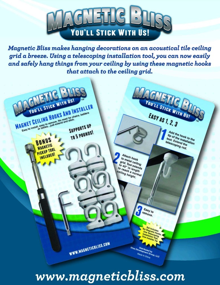 Magnetic Bliss Acoustical Tile Ceiling Hooks and Installation Tool