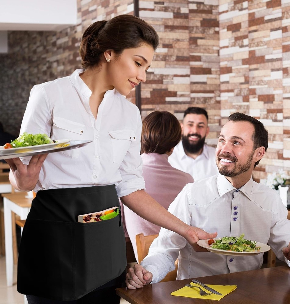 Professional Server Aprons - 6 Pack with Long Straps & 3 Pockets for Convenience