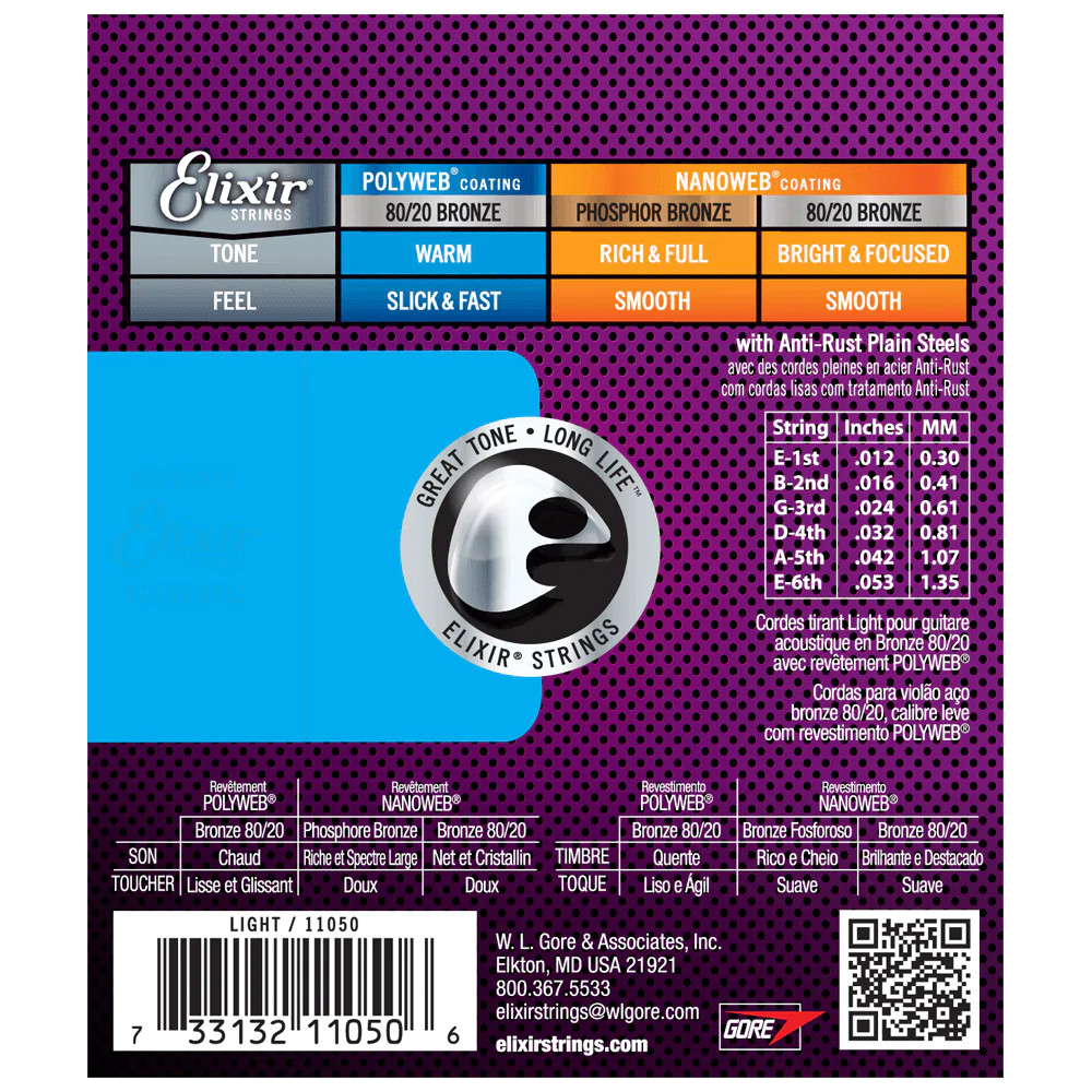 6 Sets! Elixir POLYWEB 80/20 Bronze Acoustic — 11050 Light .012-.053