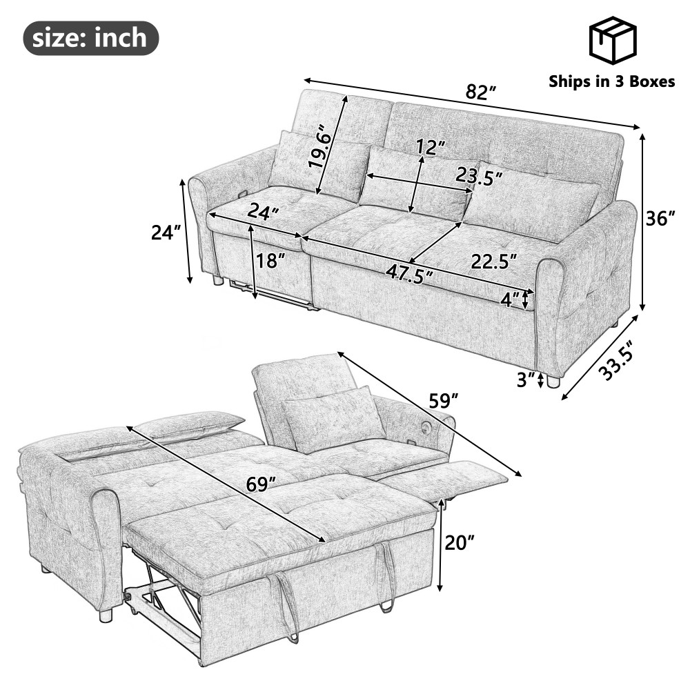 82" Blue Chenille Sofa Bed w/ Reversible Recliner, Adjustable Backrest, USB