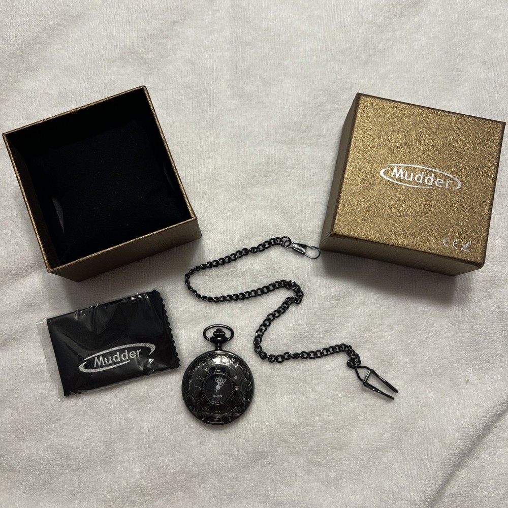 Mudder Black Pocket Watch w/Chain and Clip w/ box