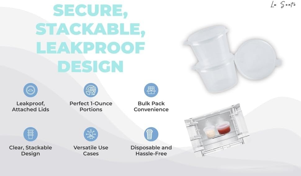 LeakProof 1oz, 2000 Counts Plastic Disposable Cups with Attached Lids, Sauce