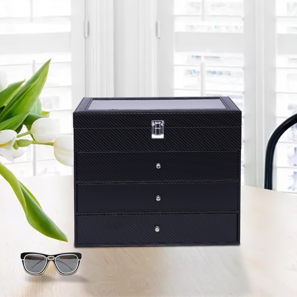 Glasses display box, 24 compartments, with clear skylight, black