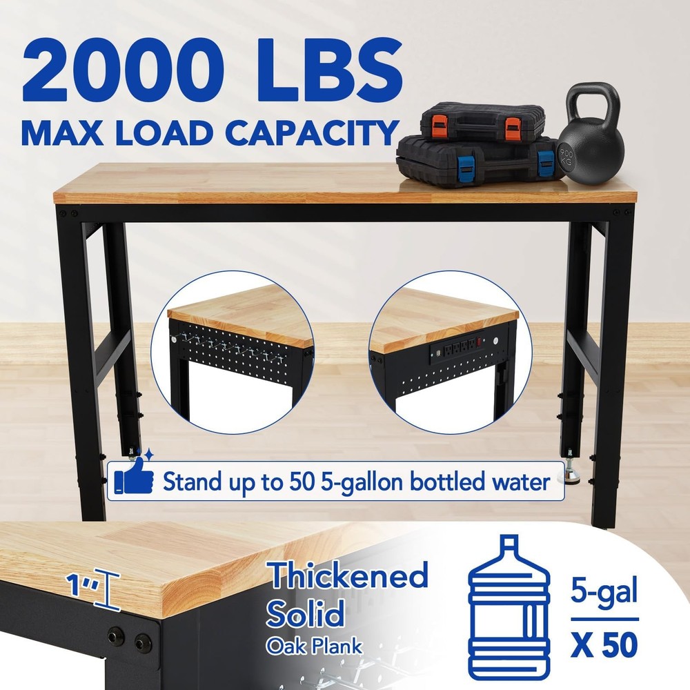 Adjustable Workbench 60"x20" 2000lbs Load Capacity Height Adjustable 29.5"-38.4"
