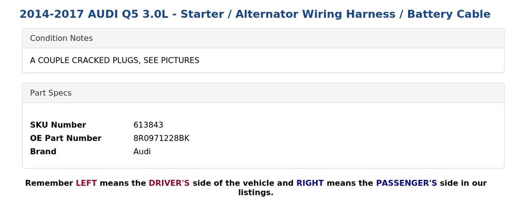 2014-2017 AUDI Q5 3.0L - Starter / Alternator Wiring Harness / Battery Cable