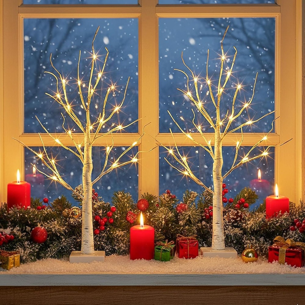 Lighted Birch Tree Easter Decorations 2FT White Mini Trees with 24 LED Lights